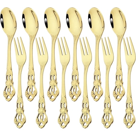 Loloft 12-Piece Champagne Stainless Steel Retro Teaspoon And Cake Fruit Forks, Kitchen Silverware for Wedding Party Daily Use Or Restaurant Bar (6 Forks + 6 Spoons)