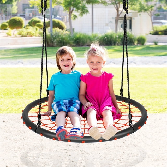 Costway Columpio de Red Redondo para Niños con Cuerdas Regulables Ideal para Árbol Jardín Parque Infantil Naranja 100 cm