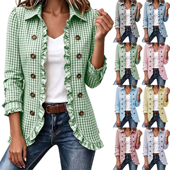 Ovzne Women's Plus Size Check Ruffle Jacket Lapel Collar Long Sleeve Open Front Coat with Decorative Buttons Tailored Fit,Green Jackets for Women