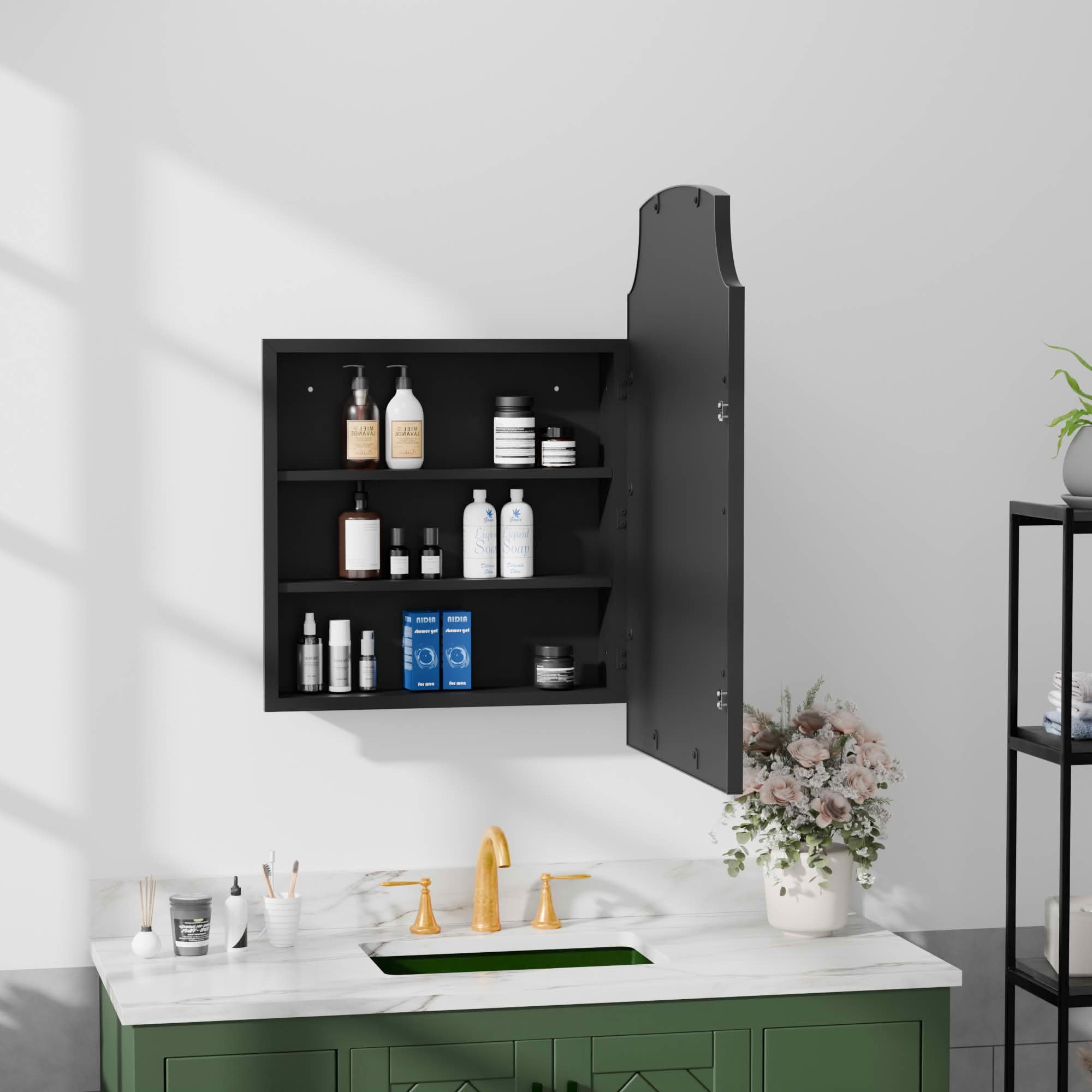MAYEERTY 30x20x5 Inch Black Metal Slightly Arched Medicine Cabinet for Bathroom