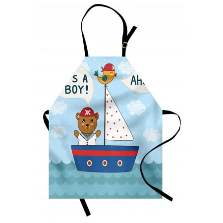 Nautical Style Kitchen Ahoy Its a Boy Apron Cute Baby Shower Theme It's a Boy in Nautical Style Bear and Bird in Boat, Unisex Kitchen Bib Apron with Adjustable Neck for Cooking Baking Gardening, Multicolor, by Ambesonne ()