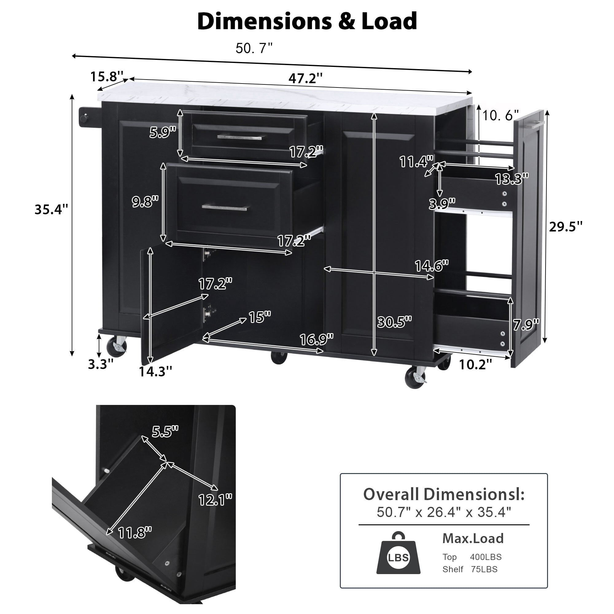 AENKYO 50.7'' Kitchen Island Cart with Drop Leaf, Hidden Trash Cabinet, Pull-Out Organizer, and Lockable Wheels, Black