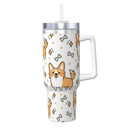 

Cute Corgi Dog And Bone Pattern 40oz Car Insulated Cups Ice Bully Cup with Handle Double Stainless Steel Vacuum Tumblers Water Bottle with Lid and Straw