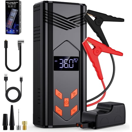 Portable Jump Starter with Air Compressor, 3000A Car Battery Jumper Starter Battery Pack, Jump Box for Car with 150PSI Auto Off Tire Inflator, 12V Car Battery Booster Pack with LCD Display, Light
