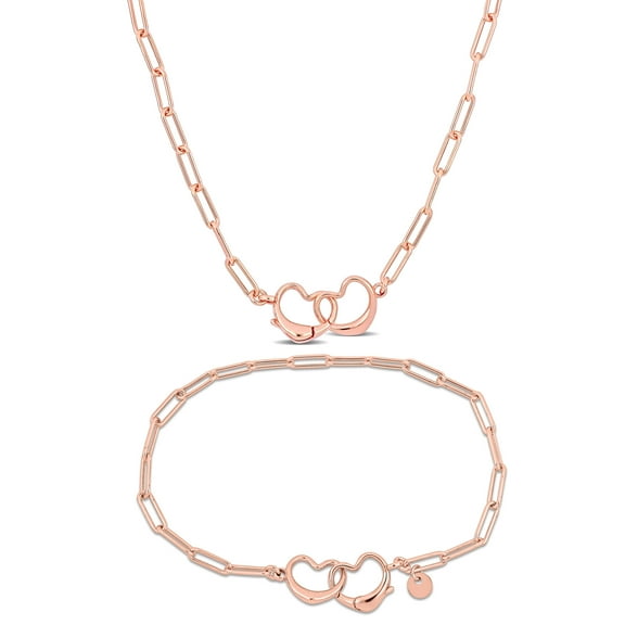 Everly Women's Rose Silver Double Heart Necklace and Anklet Set - 16 in 9 in