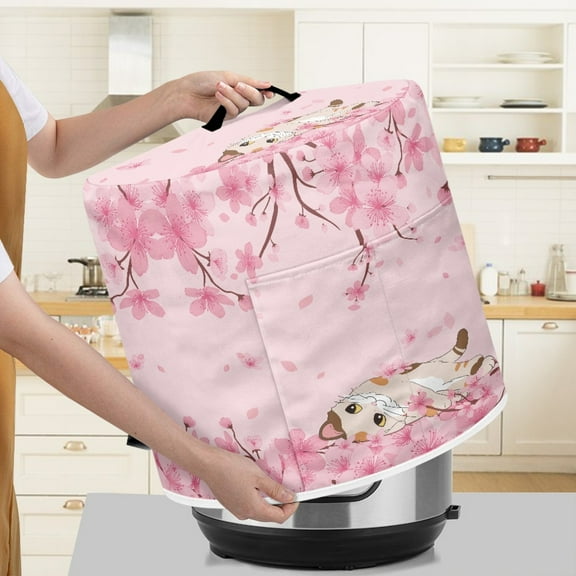 Xoenoiee Round Electric Pressure Cooker Cover Cat Peach Blossom Print Kitchen Appliance Cover with Top Handle Dust Cover for Slow Cooker Air Fryer Rice Cooker, 8 qt