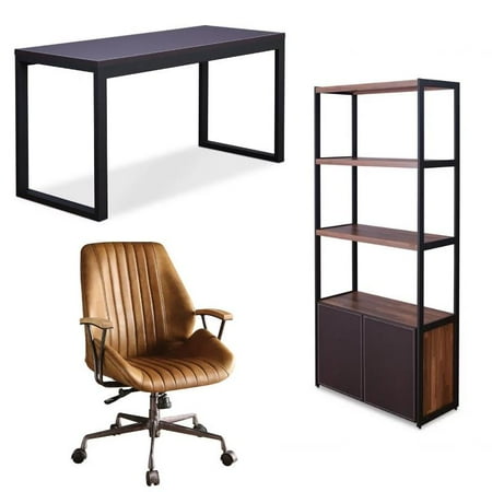 Hamilton 3 Piece Desk with Leather Swivel Office Chair and 3 Shelf Bookcase