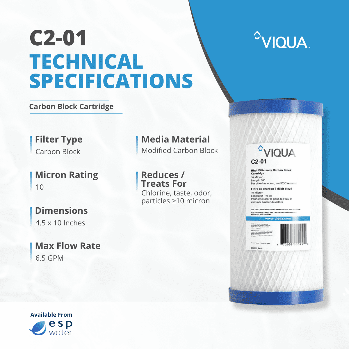 Viqua C2-01 Carbon Block Filter, 10 x 4.5 In, 10 Micron, NSF Certified