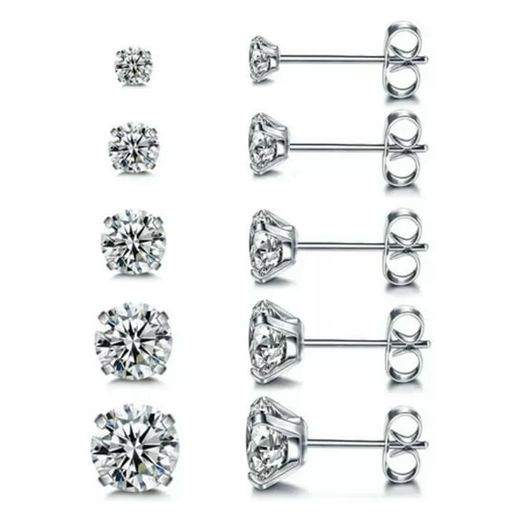 K-KED 5 Pairs Stud Earrings Shiny Cubic Zirconia Stainless Steel Earrings Men Women-4mm