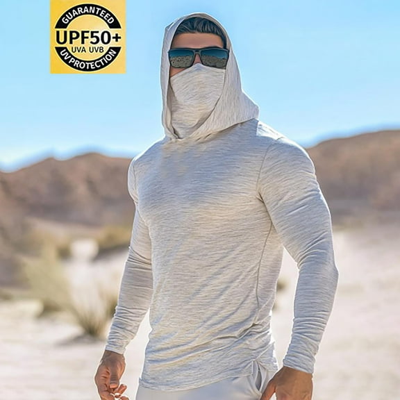 SYMOID Men's Sun Protection Hooded Sweatshirt - 95% Polyester 5% Spandex Stretch Long Sleeve with Face Cover, Slim Fit for Outdoor Fitness Casual, White, Size 2XL