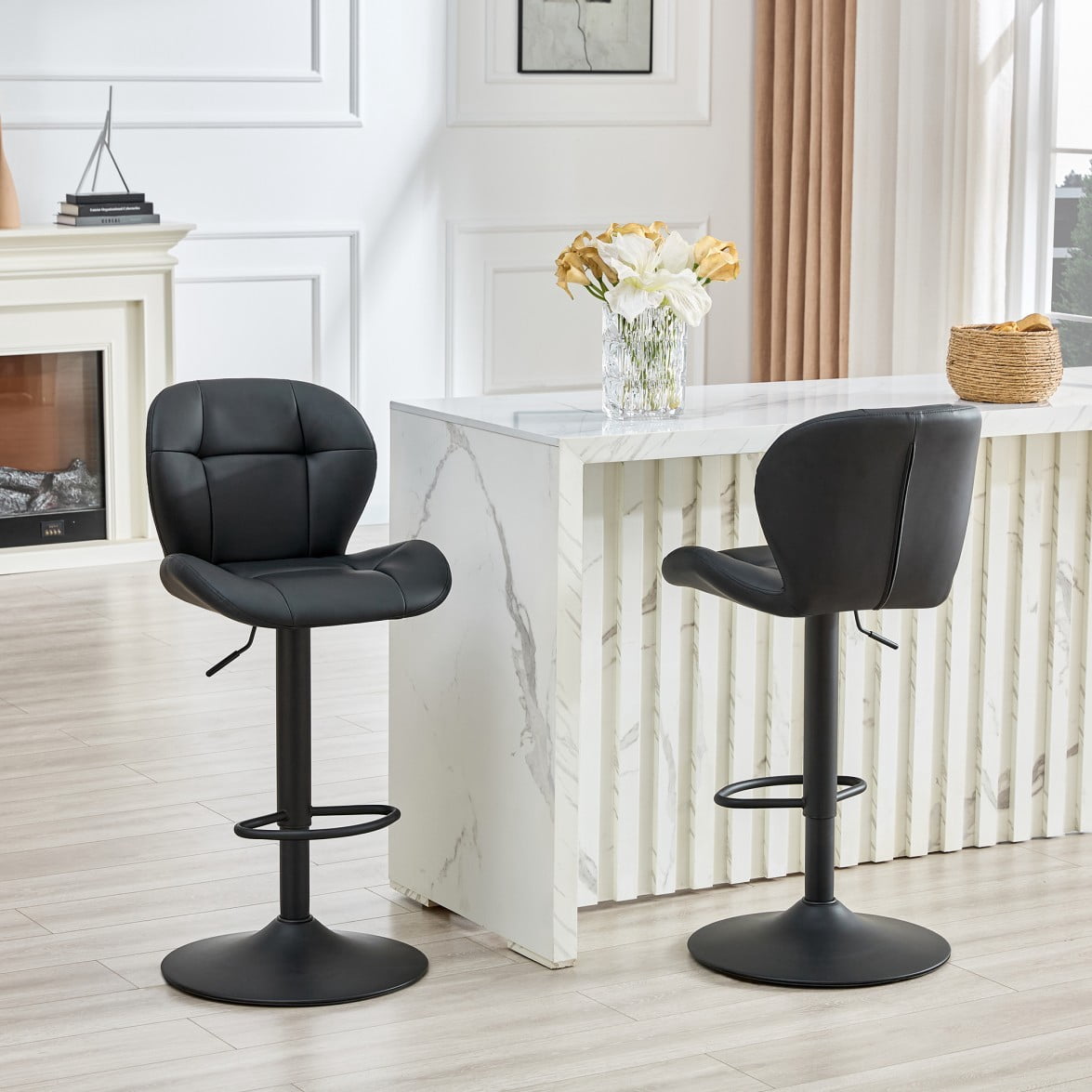 Set of 2 Adjustable Bar Stools, PU Tufted Counter Height Chairs with Metal Base & Footrest for Kitchen Island, Bar & Pub, Black