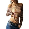 thumbnail image 2 of Women'S Floral Off Shoulder Long Sleeve Tops Fall Mesh Ruched Fitted Trendy Going Out Shirts Blouses Leopard Print S, 2 of 10