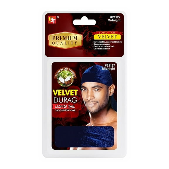 Beauty Town Coconut Oil Treated Velvet Durag Long Tail, Midnight