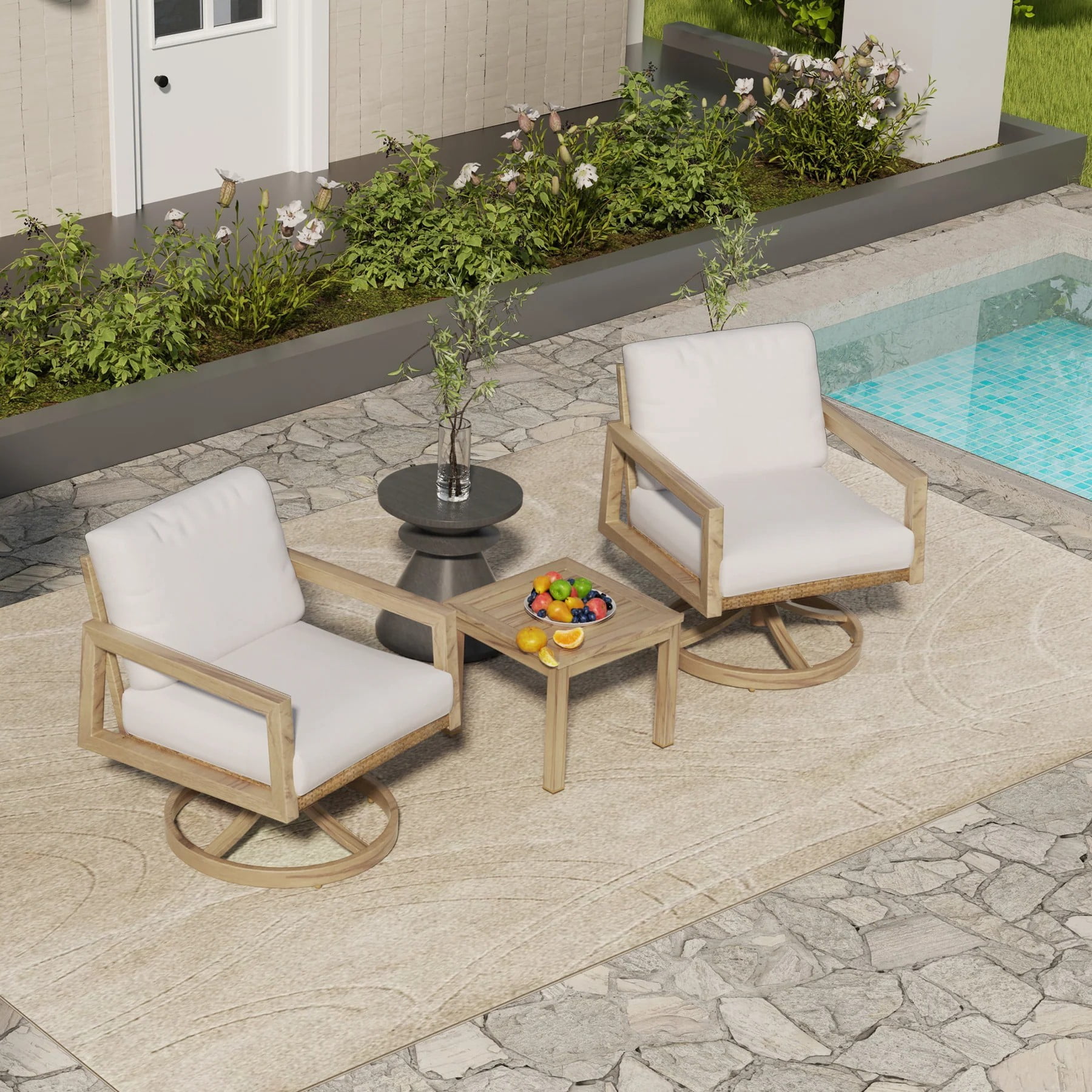 3-Piece Patio Swivel Chair Set, Outdoor Bistro Set with 360° Swivel Chairs, Wicker Back & Woodgrain Table, Cushioned Conversation Set for Balcony Porch