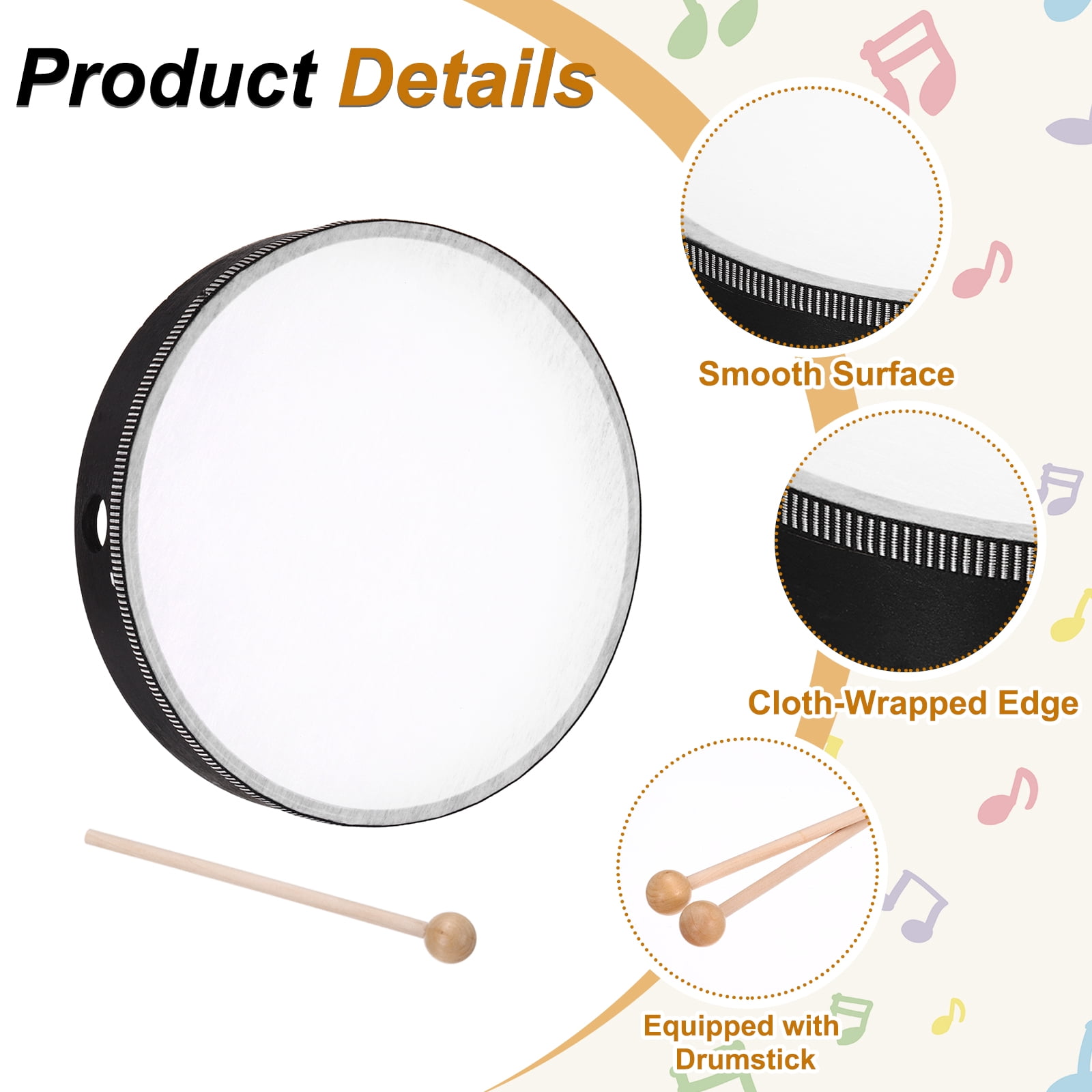Uxcell 1 Pcs Hand Drum Music Percussion 10 Inch Wood Frame Drum Set with Drum Stick Musical Instrument for Musical Education Home Party Performance Supplies (Black)
