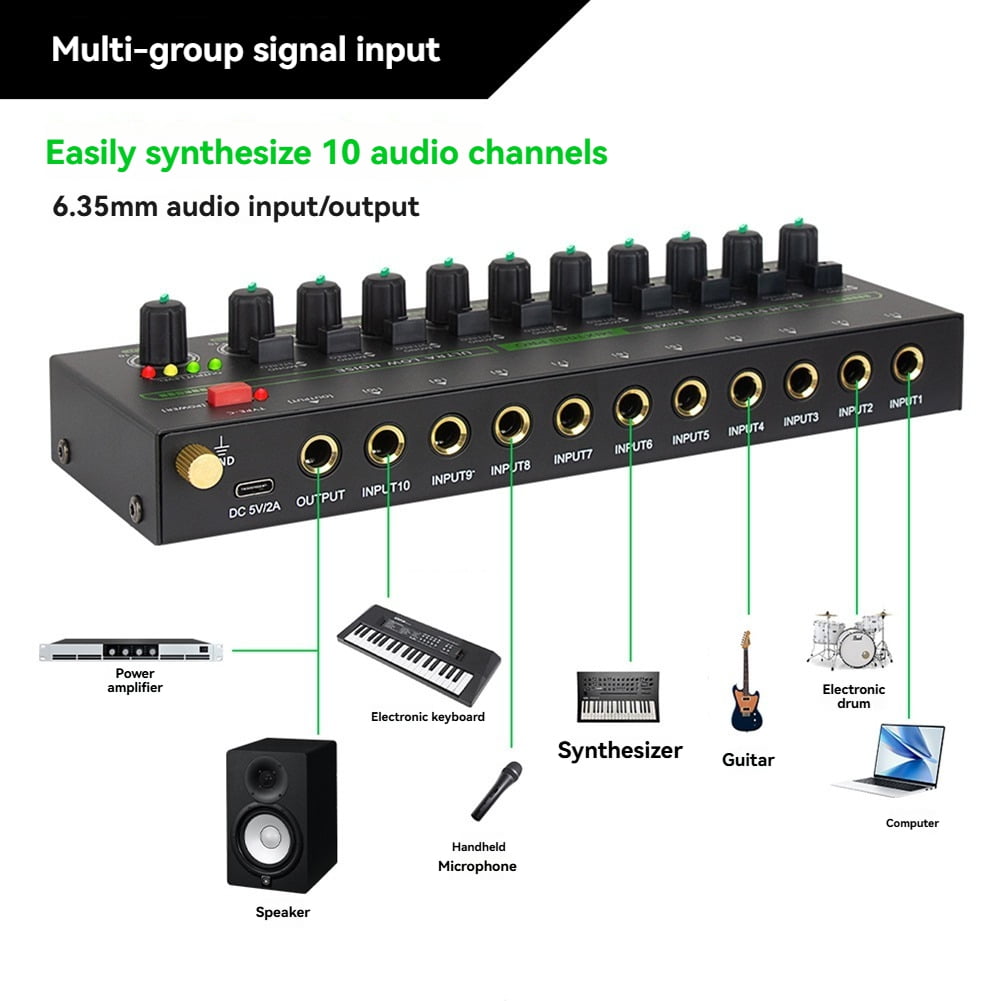 Professional 10 Channel Sound Mixer Low Noise LED Sound Mixer with RGB Light for Sub-Mixing Stereo Switcher US Plug