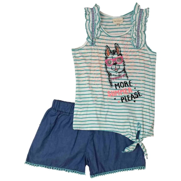 Girls Llama Outfit Stripe More Summer Please Shirt & Blue Chambray Shorts Medium