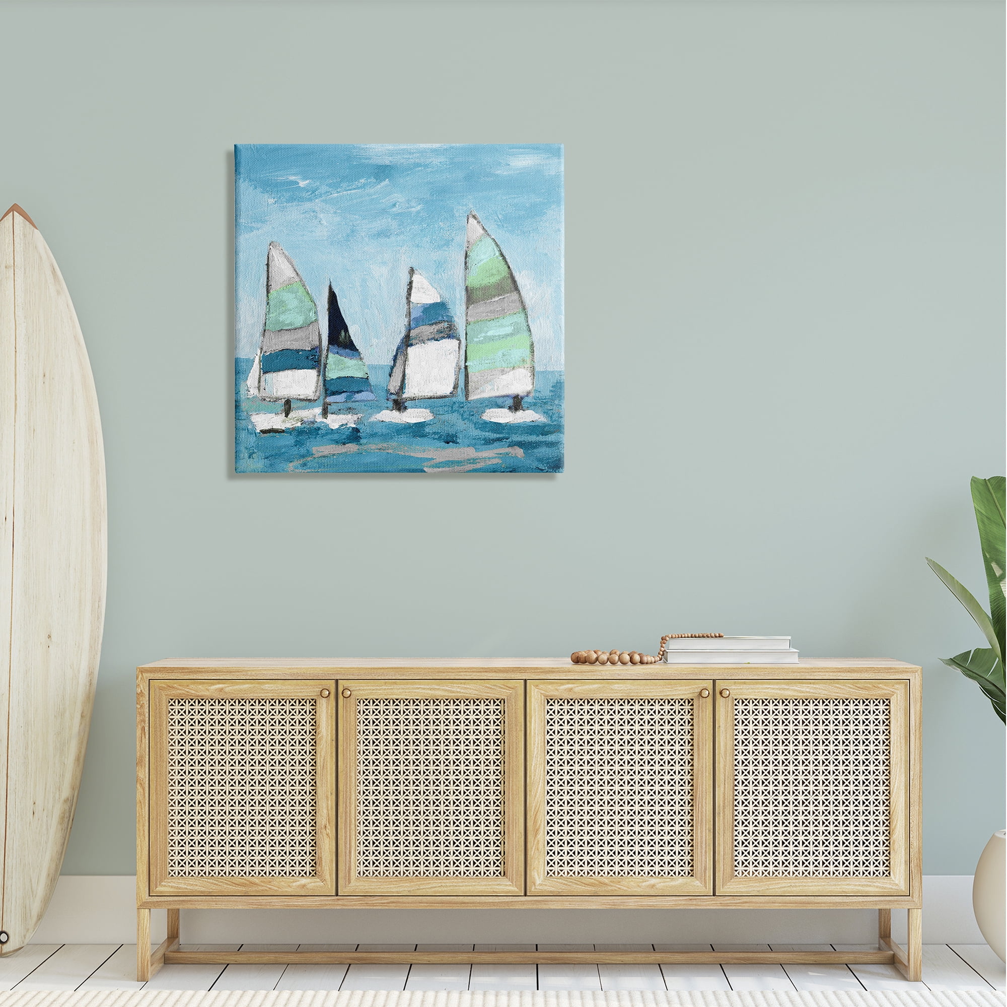 Stupell Industries Floating Striped Sailboats Clear Blue Sky Painting Painting Gallery Wrapped Canvas Print Wall Art, Design by Katrina Craven