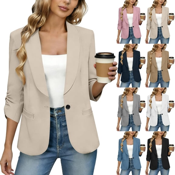 Favoffer Women's 3/4 Sleeve Blazer Lapel Open Front Solid Color Pocket Casual Jacket for Business Office formal Work
