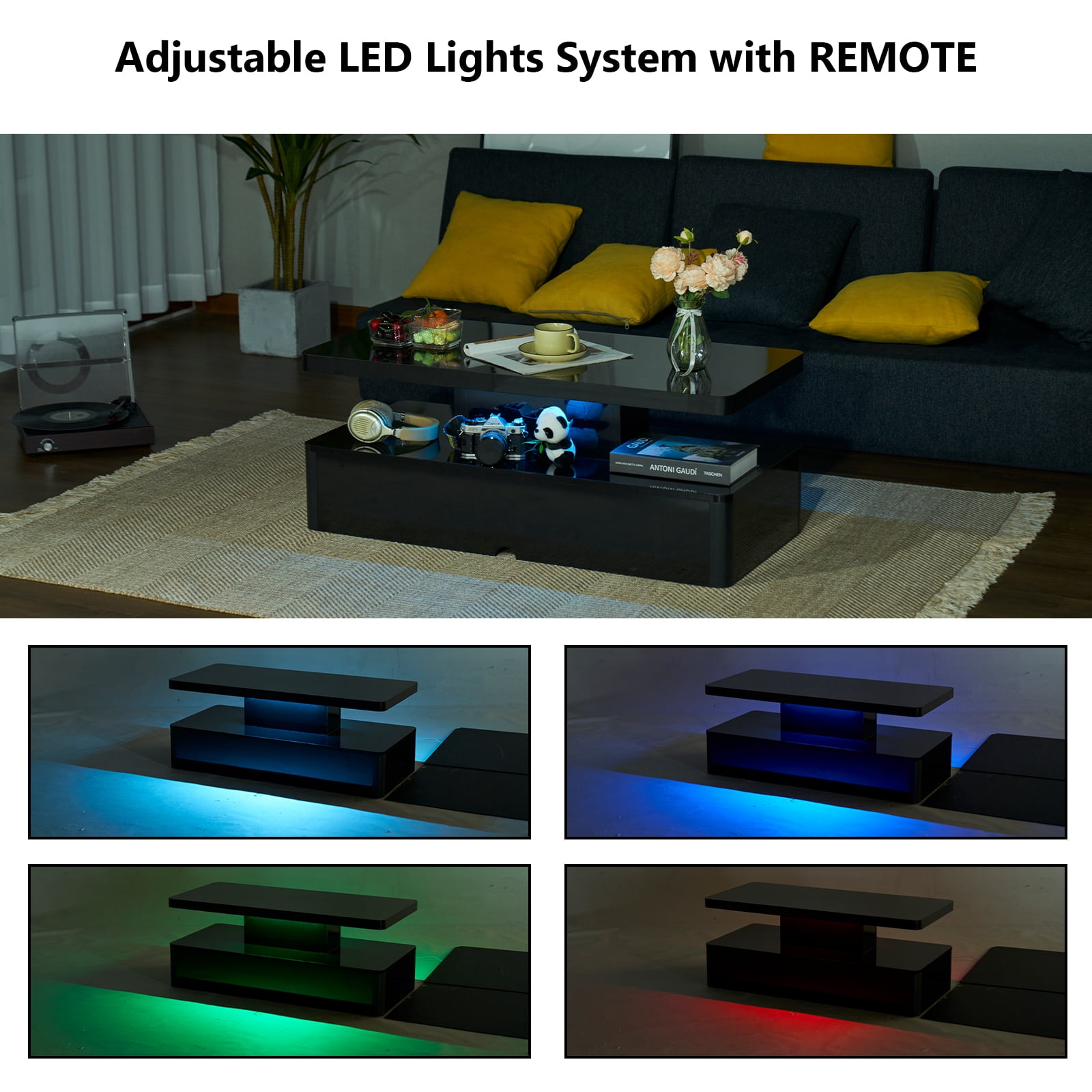 Easoger Modern Stylish Coffee Table with 16 Colors LED Lights, Double-Layer Design for Living Room, Black High Gloss Acrylic