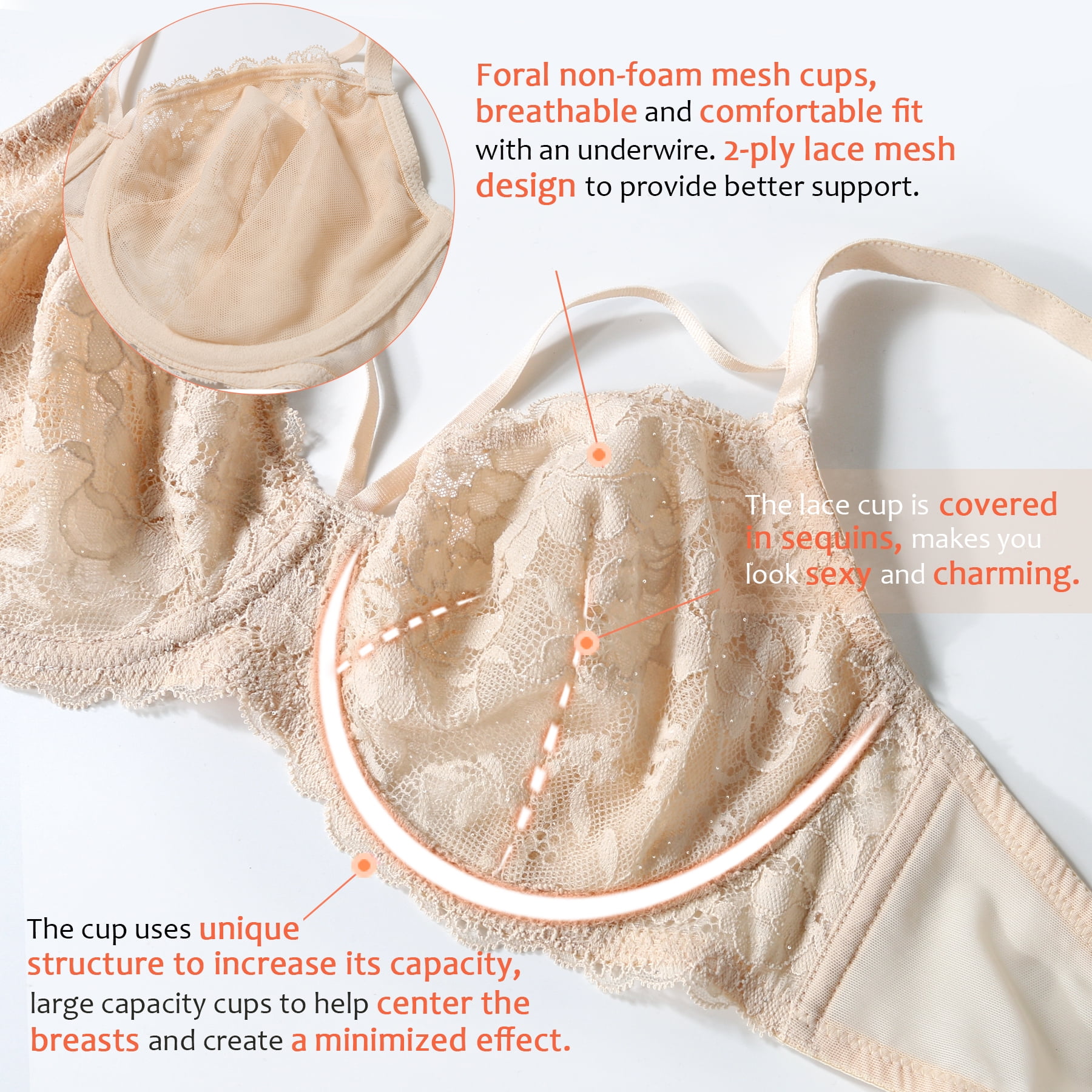 Exerin Women's Sexy Lace Bras Underwire Plus Size See Through Mesh Sheer Bra(Beige,44DD)