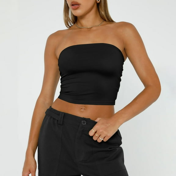 Womens Tops Tube Tops Strapless Crop Tops Basic Backless Sleeveless Bandeau Cute Summer Outfits Sexy Solid Tops Tank Top for Women Plus Size Tops for Women Black Polyester L