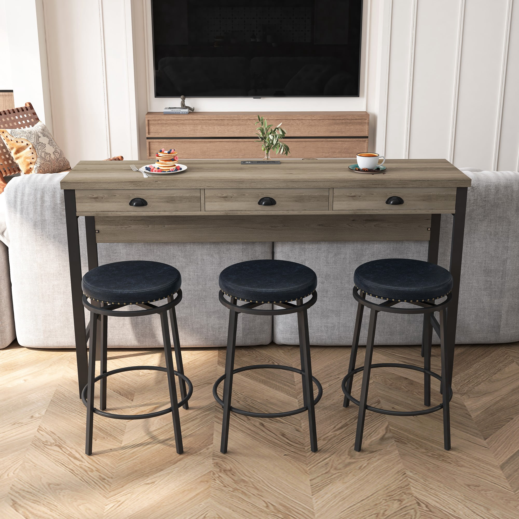 BSHTI 60.24" MDF Dining Room Table Set with Metal Frame, Power Outlets, 3 Circular PU Stools, 3 Drawers for Kitchen（Brown Gray+Black）