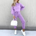 thumbnail image 4 of Winter Fall Women Workout Sets 2 Piece Yoga Outfits Casual Solid Shirt Round Neck Blouse Pocket Pant Trousers Suit, 4 of 8