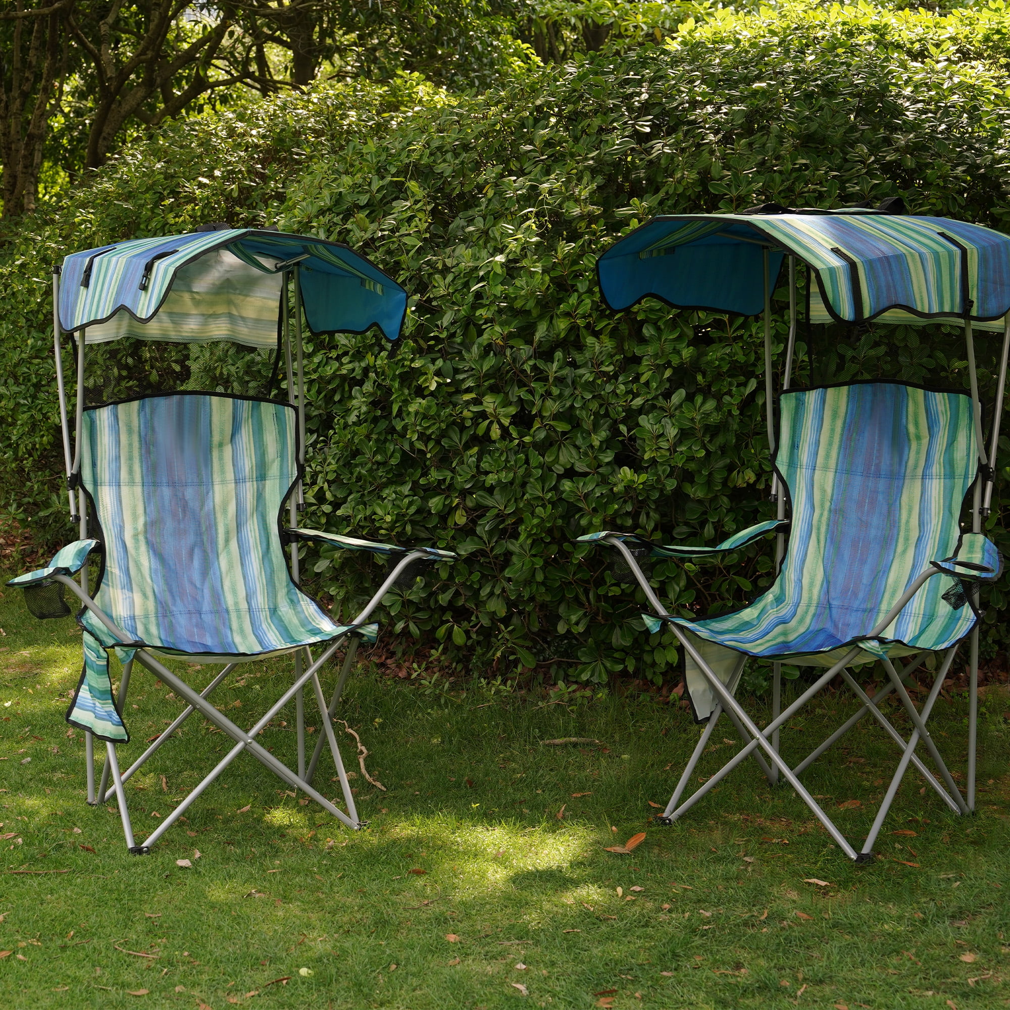 FlexWave Folding Camp Chair，Portable Outdoor Chair，with Shade & Cup Holder，for Camping, Beach, Fishing, and Sports Events