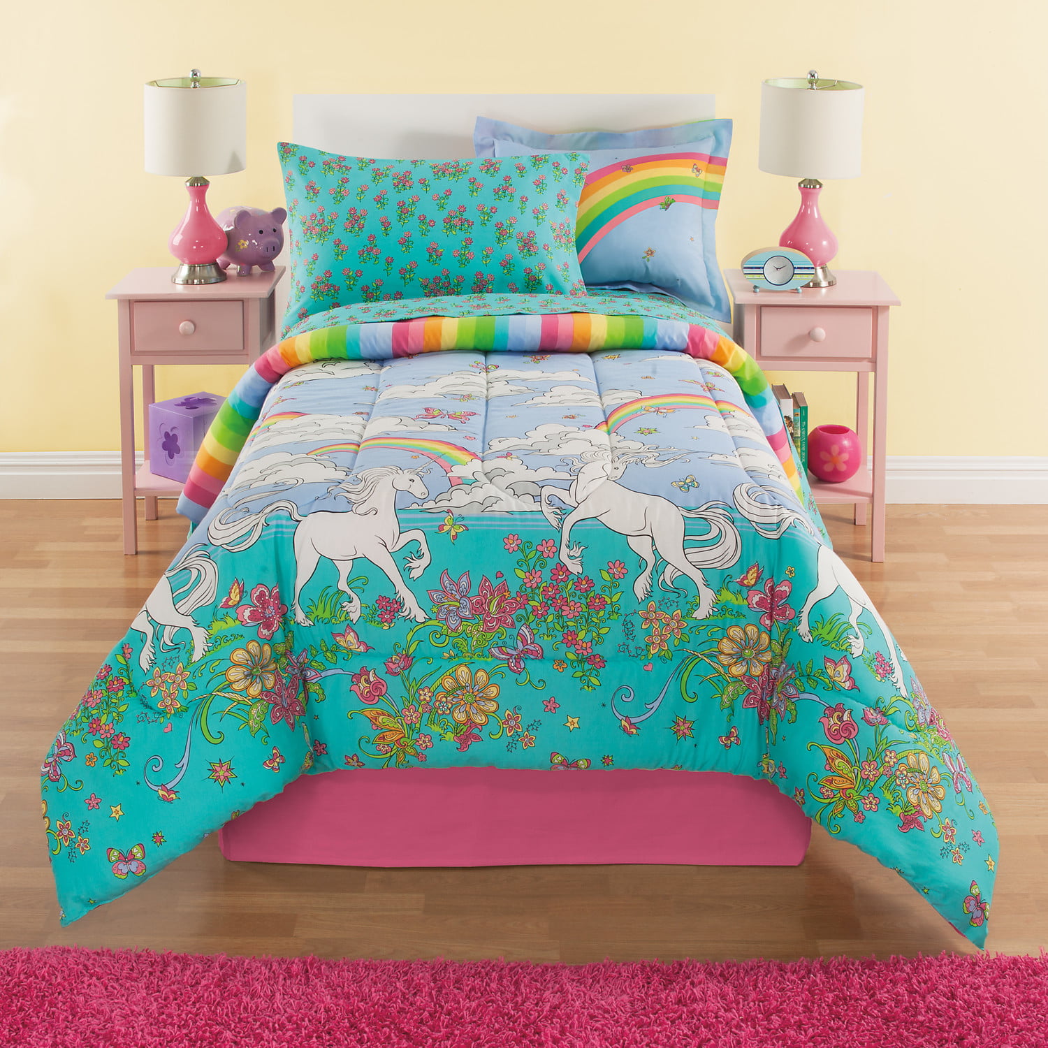 8 Piece Bed In A Bag Rainbows & Unicorns Girls Reversible Full Comforter Set 