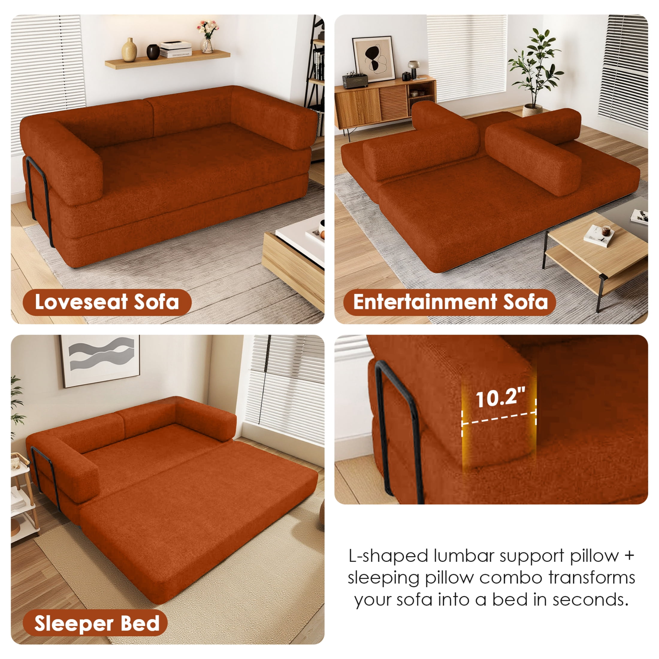 EPWOP Convertible Sleeper Sofa Bed with Pillows for Small Spaces, King Size, Orange