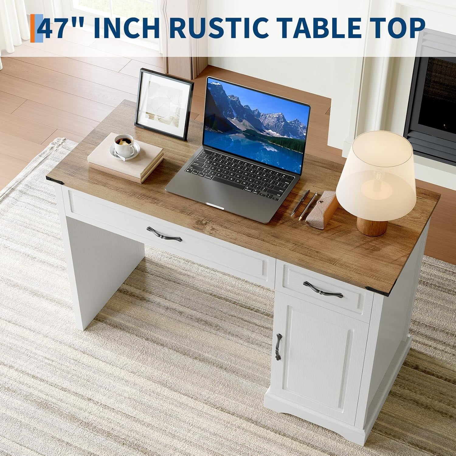 47" Farmhouse Executive Desk Computer Desks with Drawers and Cabinet Wood Workstation Computer Desks for Study and Home Office