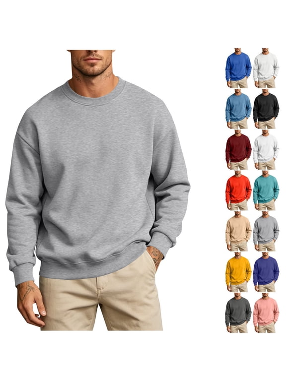 Men Solid Crew Neck Sweatshirt Oversized Drop Shoulder Long Sleeve Fleece Pullover Casual Basic Plain Sweat Top Multiple All-match Solid Colors Gray