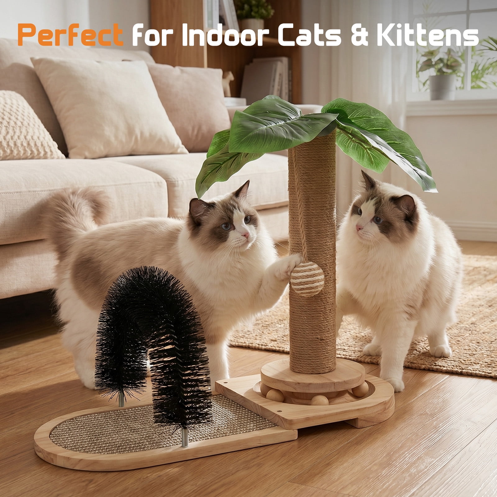 Wooden Cat Scratcher with Sisal Scratching Post, Cat Activity Center with Grooming Brush and Hanging Toy, Small Cat Tree for Indoor Cats and Kittens