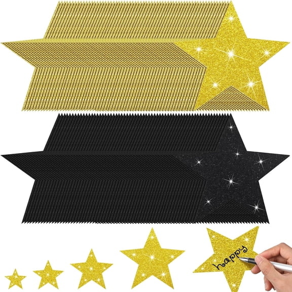 256 Pieces Glitter Star Cutouts Paper Decorations Star Wall Decor Glitter Confetti Cutouts for Bulletin Board Classroom Movie Night Party Decoration, 4 Assorted Sizes (Black, Gold)