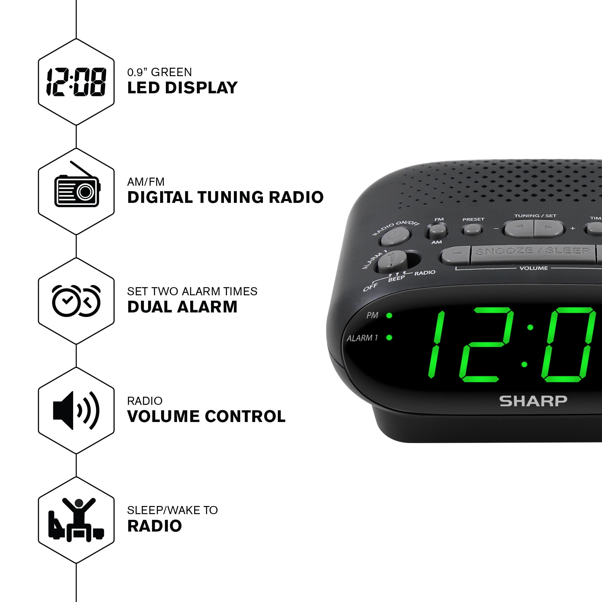 SHARP AM/FM Clock Radio, Wake to Alarm or Radio, Dual Alarms, LED Green Display
