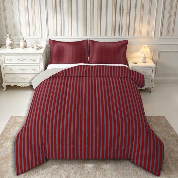 Castle Fairy Abstract Minimalist Vertical Line Full Size Comforter Sets 3-Piece,Geometric Strip Pattern Bedding Comforter Set,Deep Red Slate Blue,Reversible,1 Comforter and 2 Pillowcases
