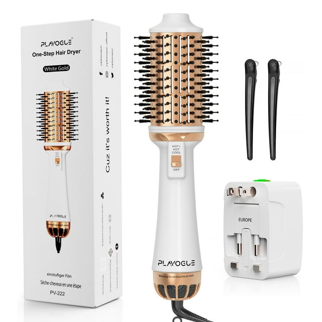 Plavogue Cepillo secador de doble voltaje para viajes europeos, cepillo de aire caliente de 110 V-240 V con voluminizador, iónico negativo antiencrespamiento, cepillo de peinado con revestimiento cerá