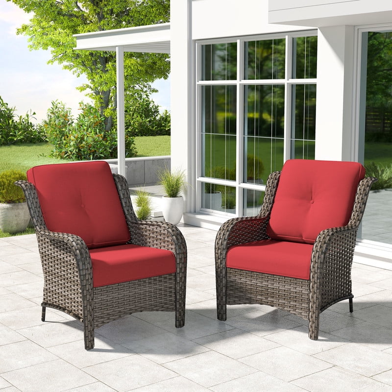 Meetleisure Patio Chairs Set of 2, Wicker Outdoor Furniture with High Back, Deep Seating, Wide Armrest, Thick Cushions, Rattan Chairs for Deck Porch, Red