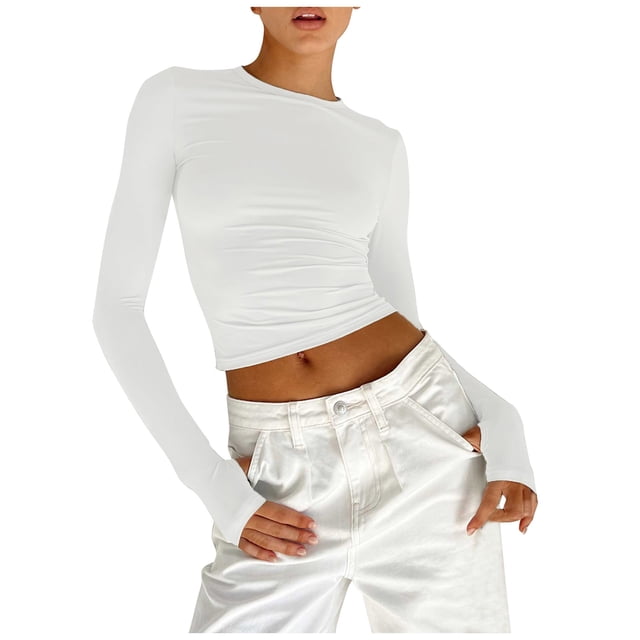 UANWENN T-Shirt à Col Rond pour Femmes, Manches Longues, Ajusté, avec Boutons au Doigt, Superposition, Sport, Entraînement, Ample, Col Roulé