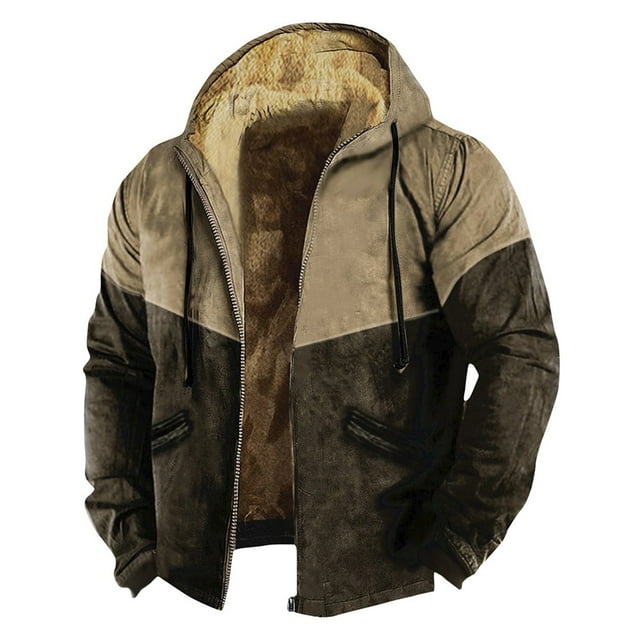 Susanny Quilted Jacket Men Distressed Pockets Hooded Sherpa Fleece Lined Winter Zip Up Denim Jacket Western Flannel Drawstring Retro Work Outwear Oversized Coat Khaki 3XL