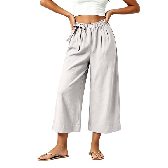 Kaemgyyd Wide Leg Pants Casual Wide Leg Capris Pants Side Bow High Waist Trousers Vacation Cropped Clothes(White,X-Large)