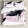 thumbnail image 3 of Whale Duvet Cover Set, Big Black Whale with Striped Dreamy Clouds with a Motto Work of Art, Decorative 2 Piece Bedding Set with 1 Pillow Shams, Twin Size, Pink Black and White, by Ambesonne, 3 of 3
