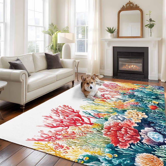 5'x8' Area Rugs, Coastal Indoor Outdoor Area Rug for Living Room Bedroom, Summer Beach Red Teal Coral Nautical Washable Bathroom Rugs Kitchen Floor Carpet Mats Home Decor Aesthetic