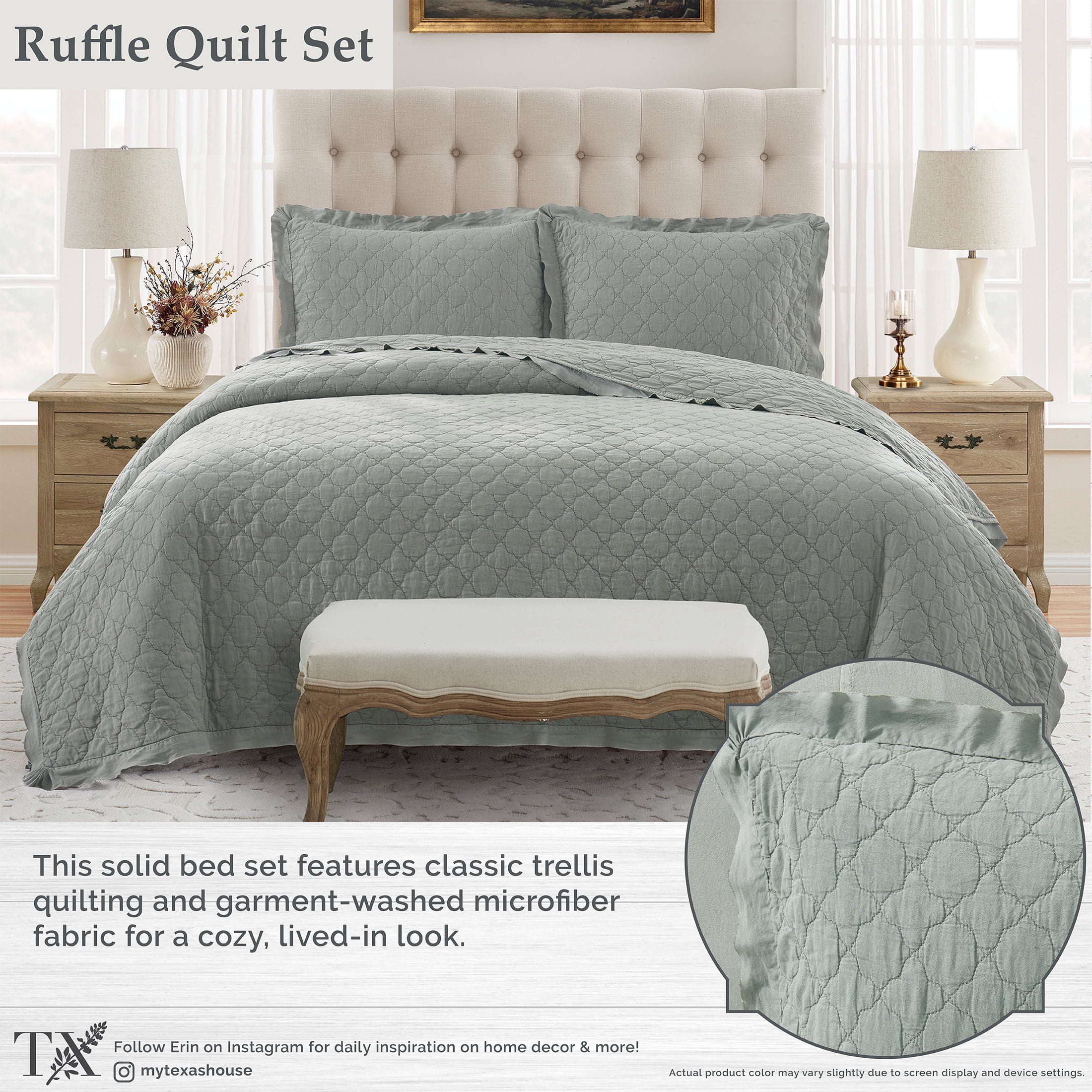 My Texas House Full/Queen Quilt Set, All-Season, 3-Piece, Sage Trellis