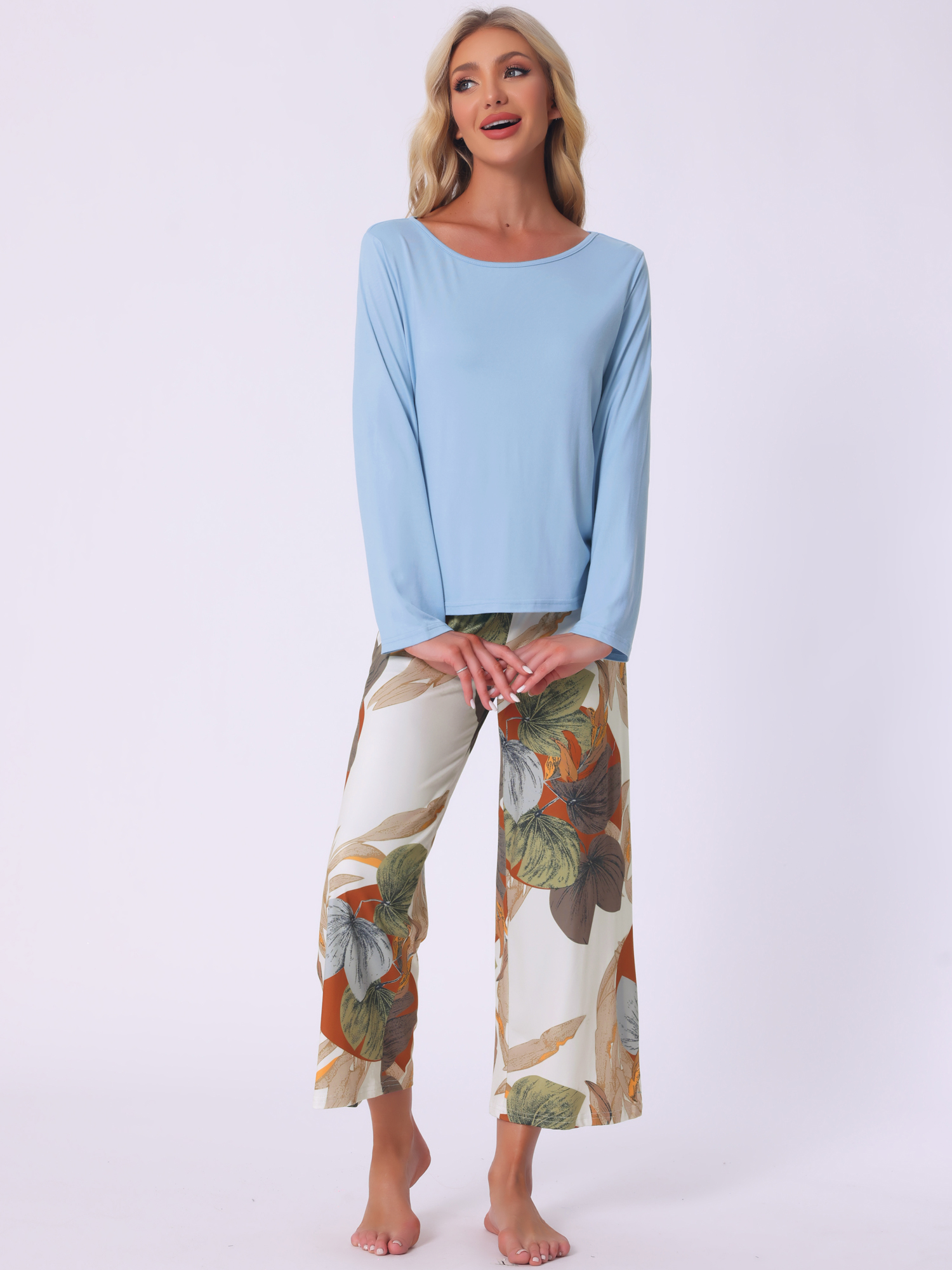 DARING DIVA Long Sleeve Floral Capri Soft Strechy Pajama Sets 2 Pieces S Blue