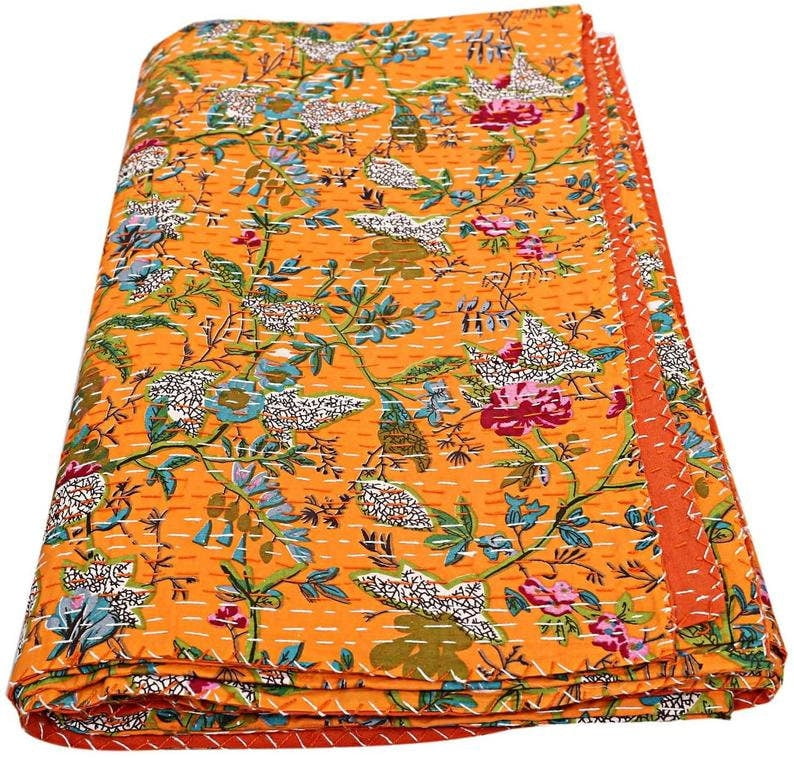 Beige Paradise Kantha Quilt Bedspread Throw Cotton Blanket Twin/Queen/King Size 