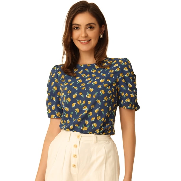 Top floral Allegra K con mangas fruncidas Azul Profundo XL