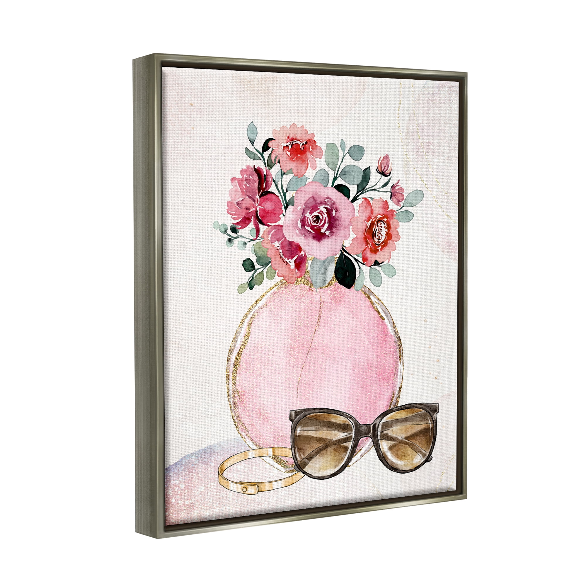 Stupell Industries Pink Bouquet & Sunglasses Botanical & Floral Painting Gray Floater Framed Canvas Art Print Wall Art, 25 x 31