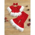 thumbnail image 3 of Bagilaanoe 3Pcs Toddler Baby Girl Christmas Outfits Fluffy Trims Short Sleeve Ruffle Off-Shoulder Pullovers + Long Flared Pants + Headband 6M 9M 12M 18M 24M 3T 4T 5T Kids Cosplay Party Dress UP, 3 of 9